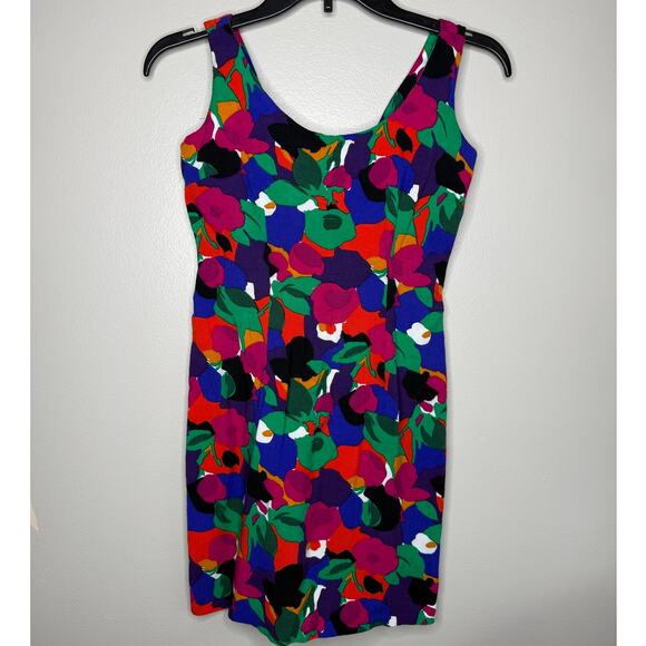 Dawn Joy Vintage Vibrant Multi-Colored Floral Print Retro Scoop Neck Dress Small - Picture 1 of 6